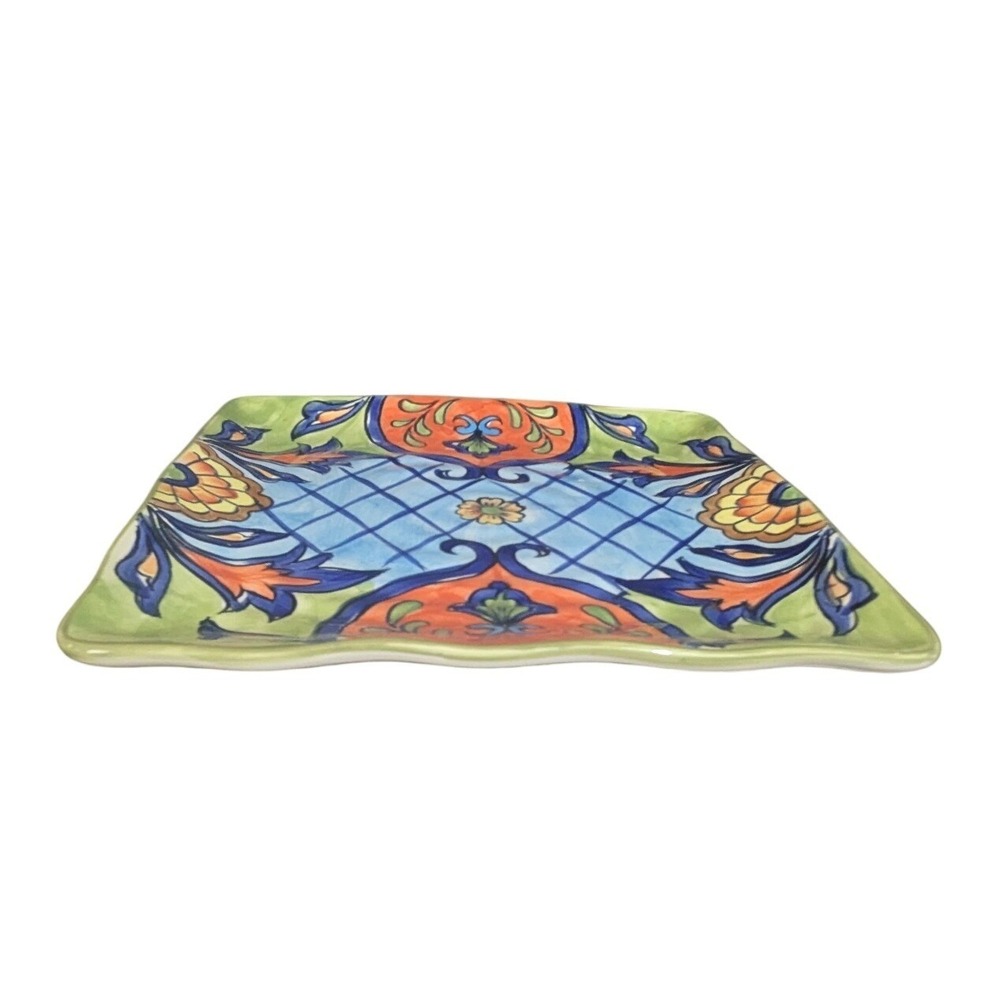 Maxcera Orange Talavera Square Salad Plate Blue Lattice Floral‎ Boho Decor 8in